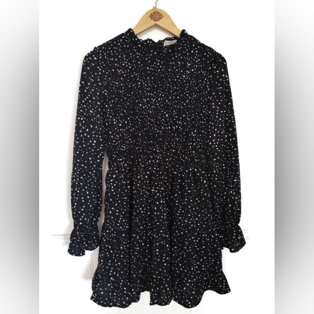 Black And White Fun! Prairie Smocked Front Tiered Lined Dress Size Medium - Picture 1 of 5